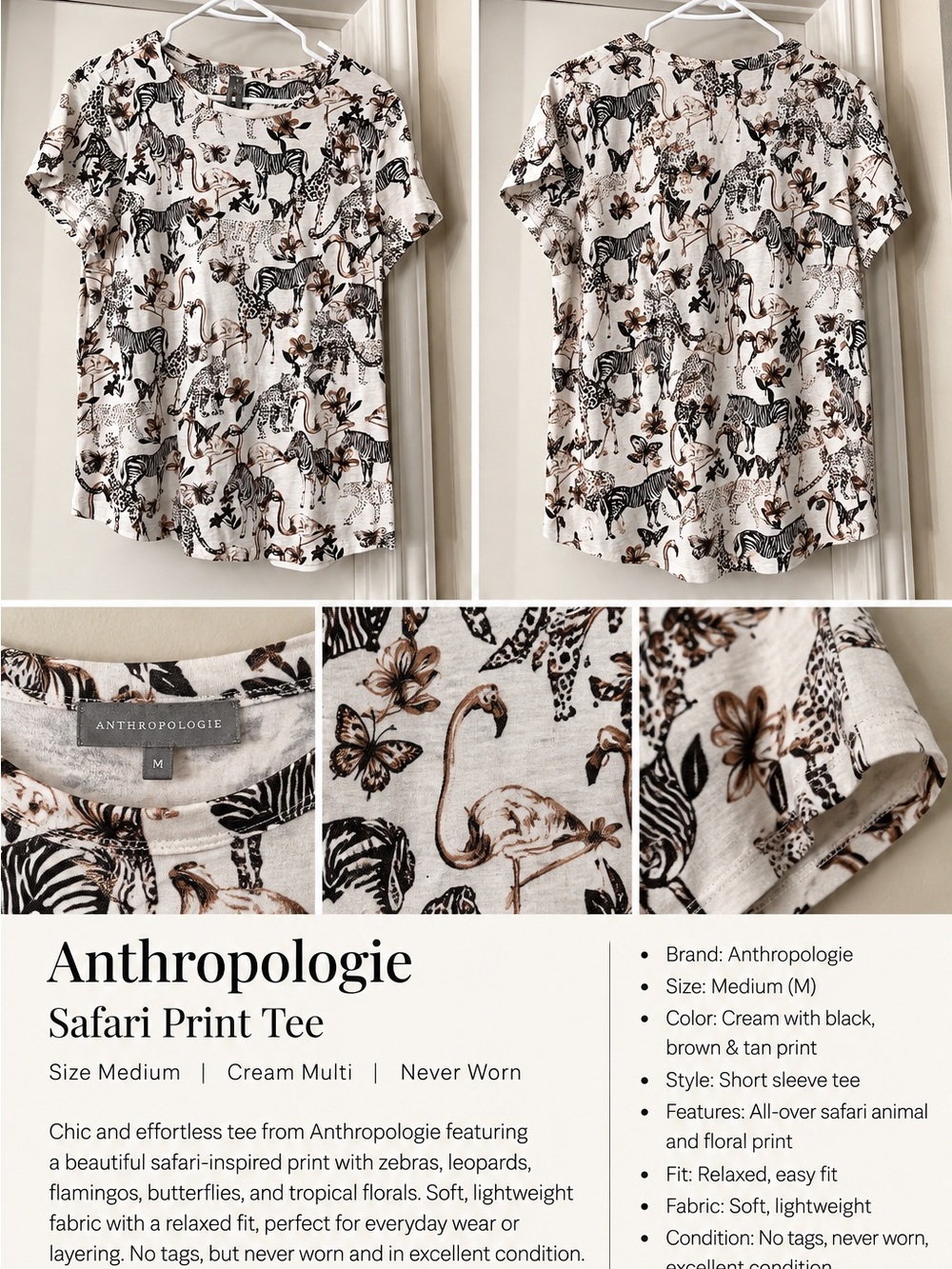 Anthropologie Cream Multi Safari Animal Print Short-Sleeve Tee